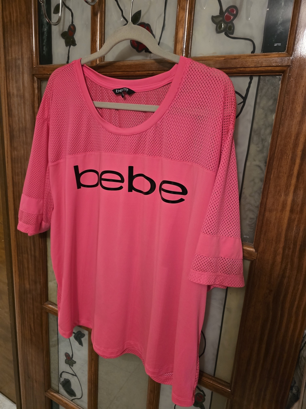 bebe Hot Pink Mesh-Trim Logo Tee